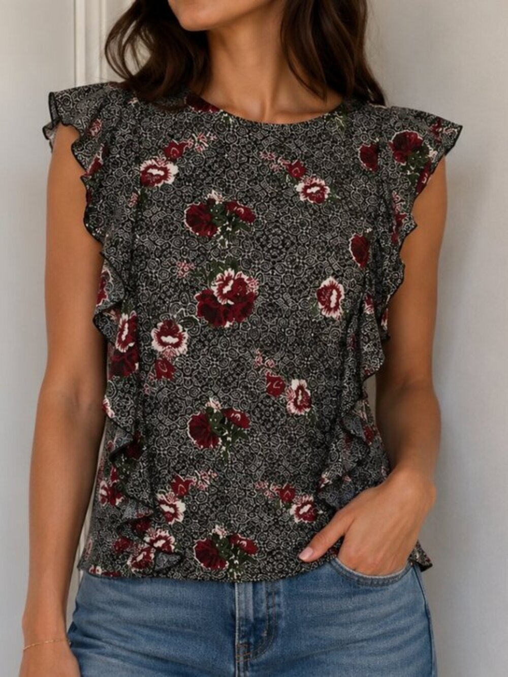 Lucky Brand Ruffled Gray Cap Sleeve Blouse